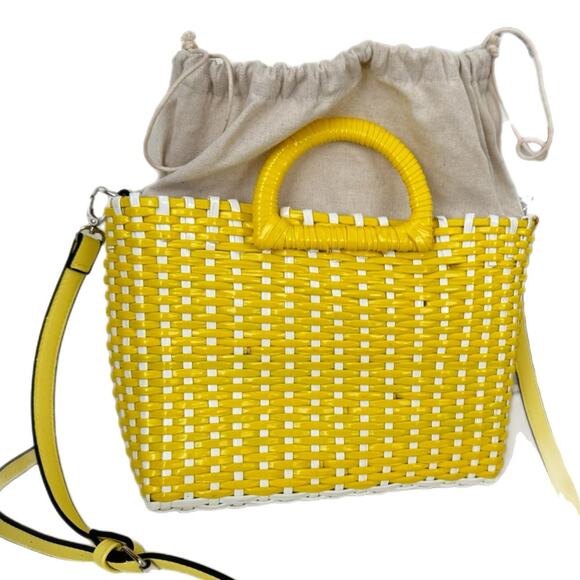 Urban Expression Mallorca Tote Yellow White Basket Weave Canvas Lined - Picture 11 of 14